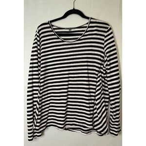 Elliott Lauren Black White Stripe Linen Knit Top Size XL Long Sleeve Lightweight